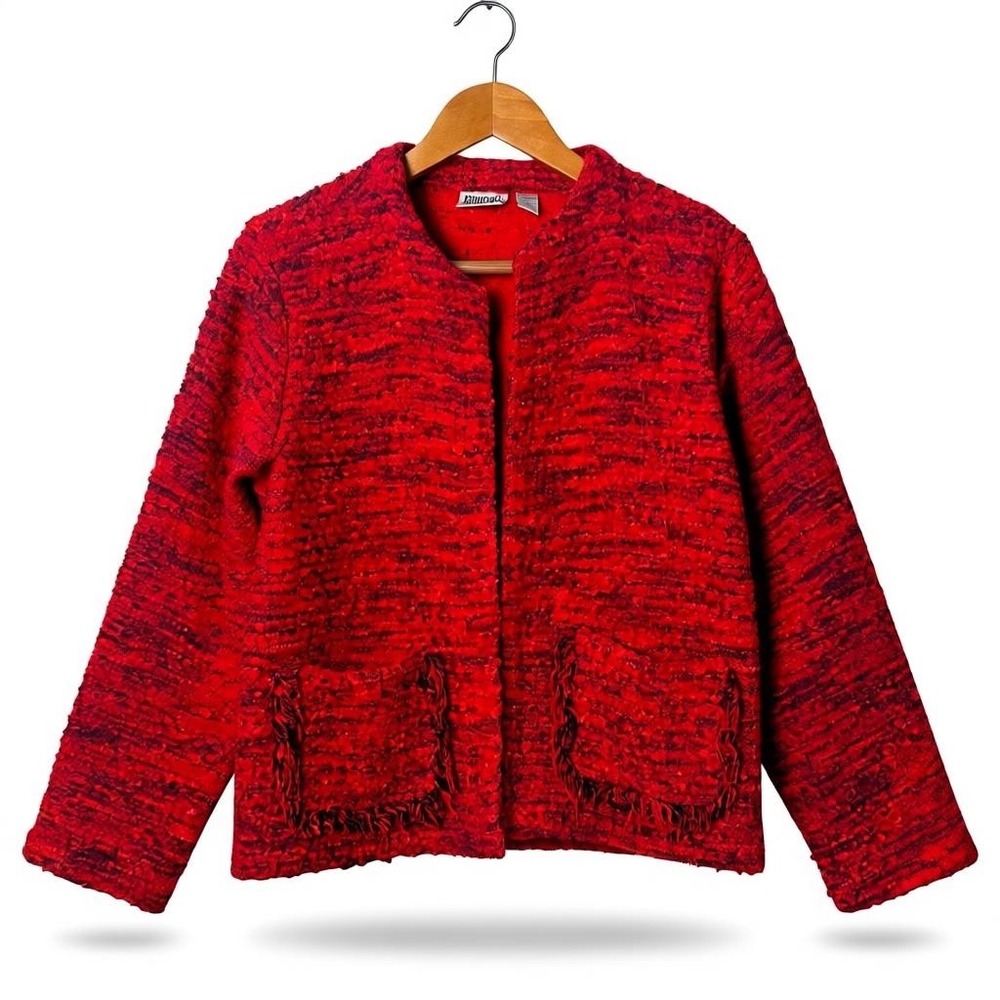 Chicos Boucle Open Front Red Textured Knit Cardigan Women Size M Fringe